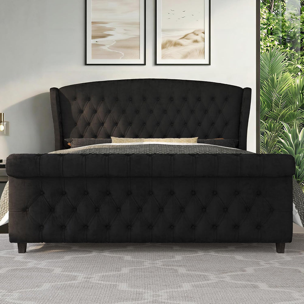 LUXOAK King Size Upholstered Sleigh Bed Frame with Tufted Headboard