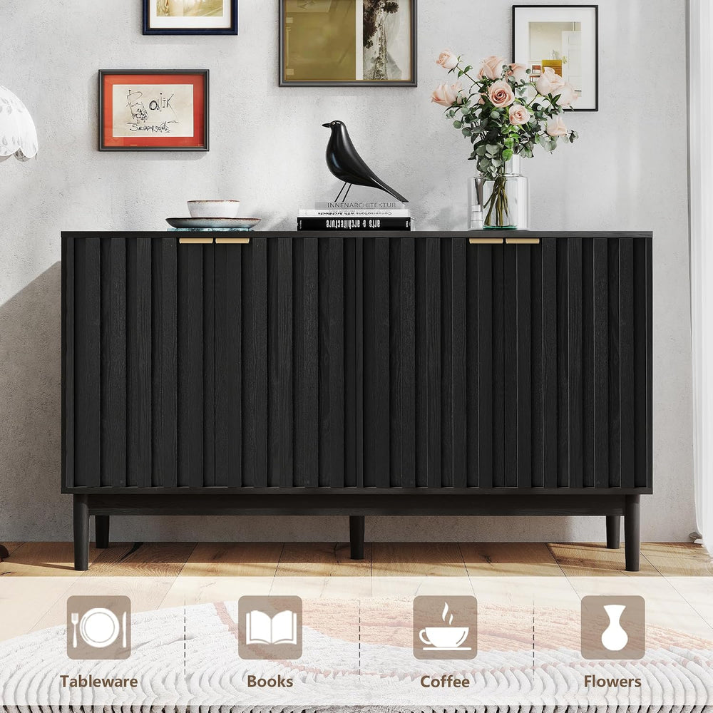 Otterease 55" Fluted Buffet Cabinet with Storage, Accent Cabinets, Black