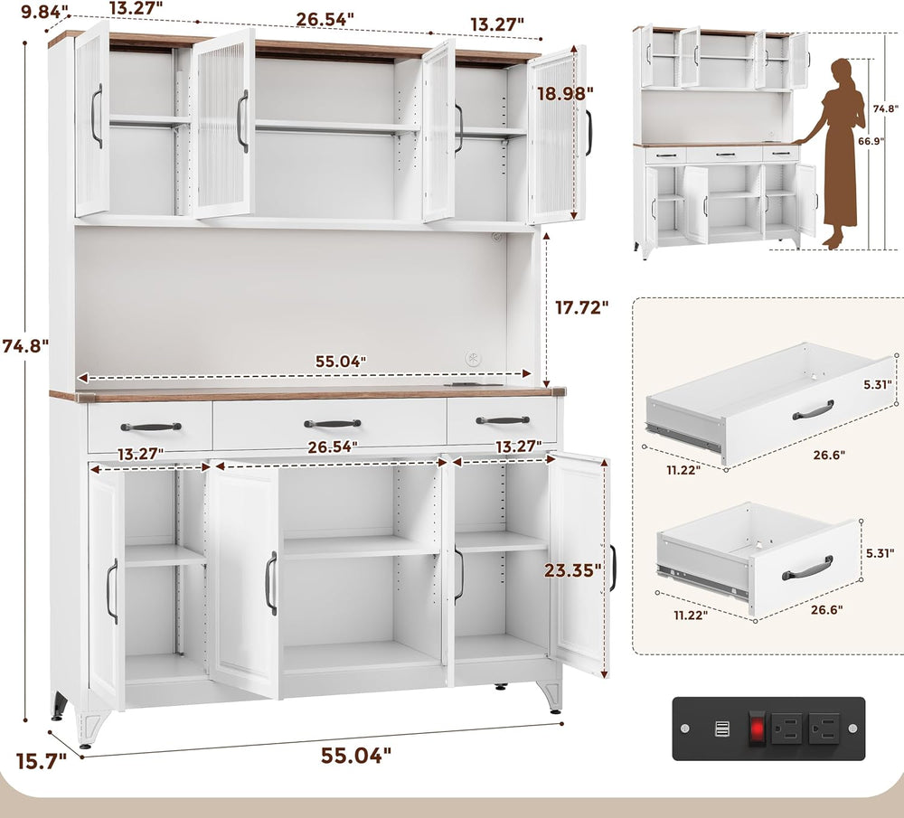 74.8" Tall Metal Pantry Cabinet with Charging Station & LED Light | ...