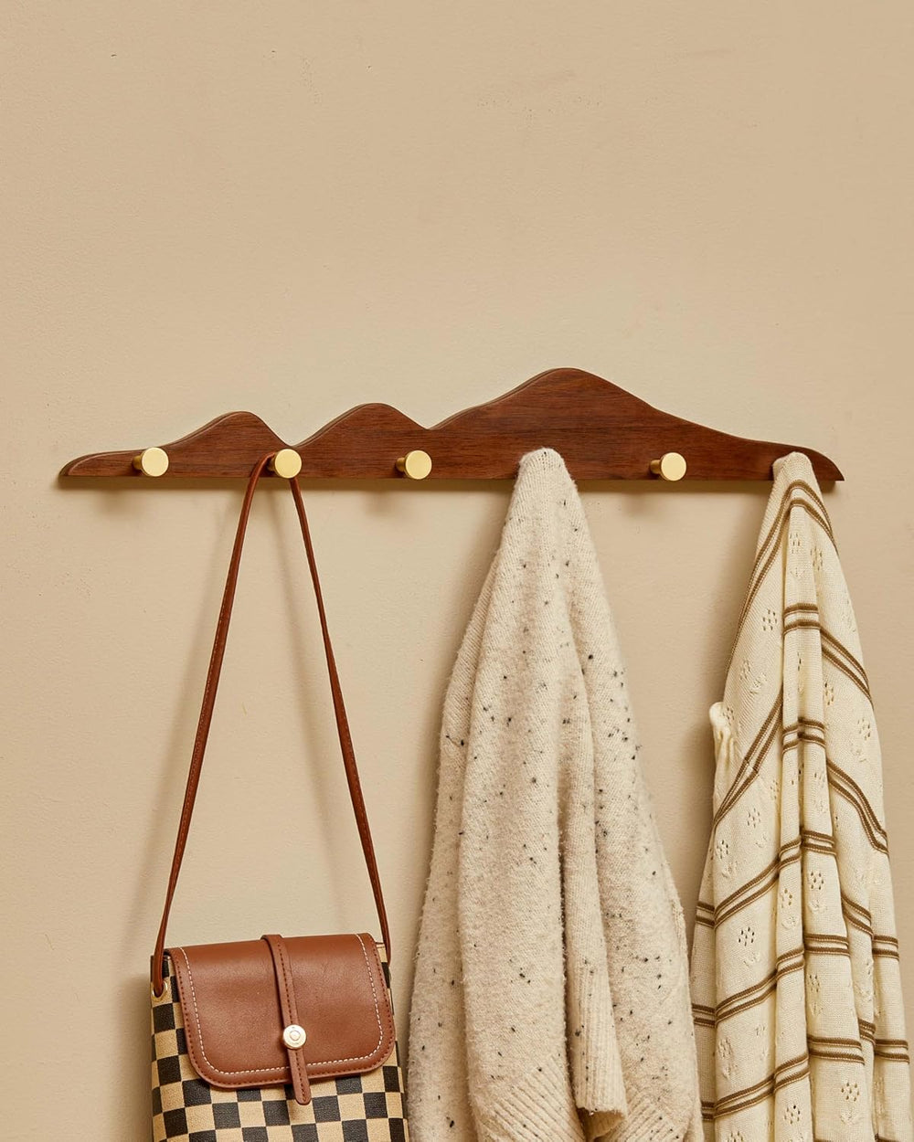 Wood Coat Hooks Wall Mount - Wooden Coat Rack with 6 Gold Brass Hooks for Ent...
