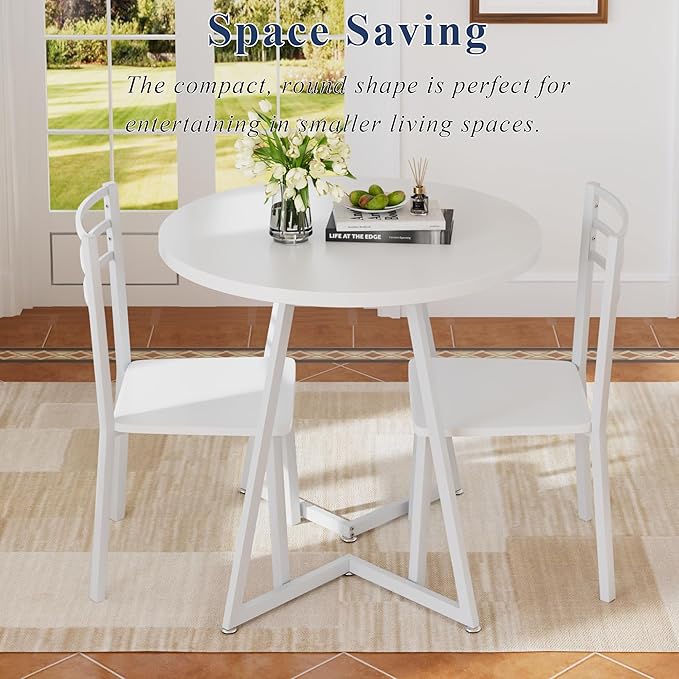 VECELO Small Round Dining Table Set for 2, Wood Tabletop with Strong Metal Fr...