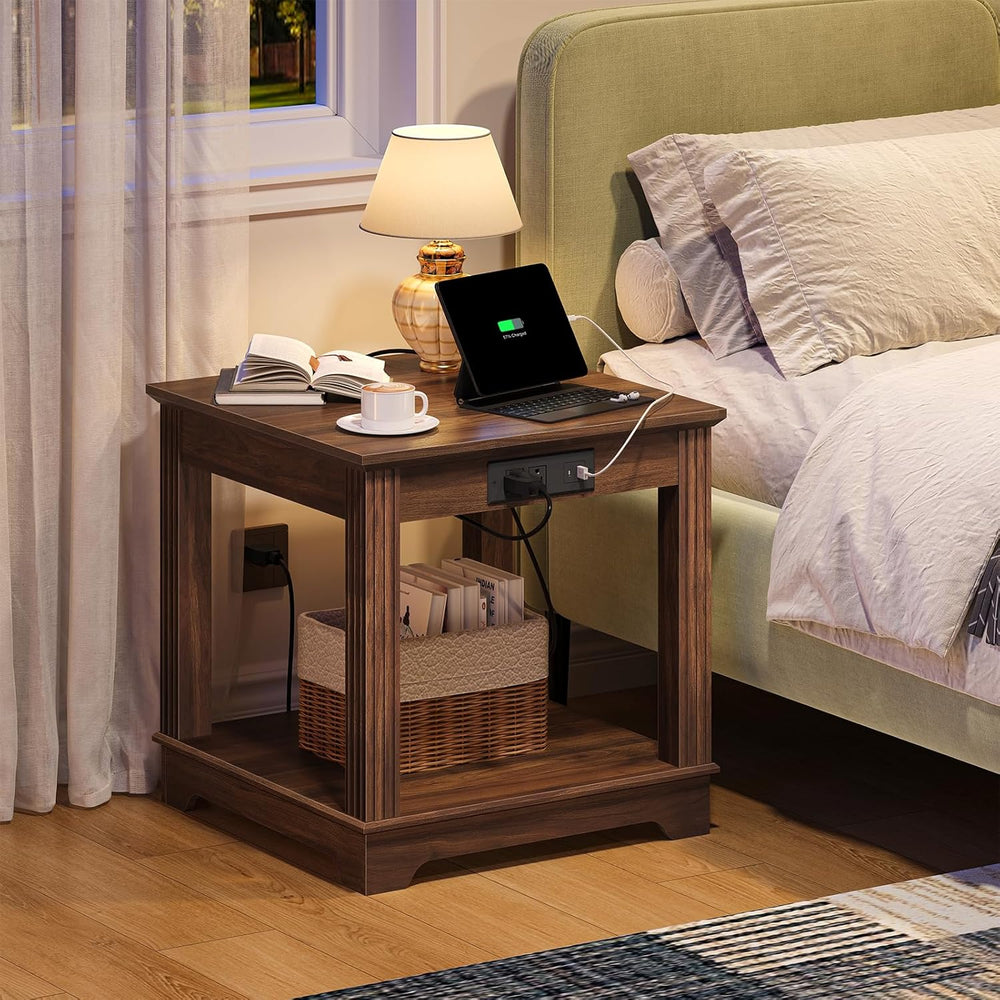 CHOEZON Farmhouse End Table with Charging Station, 2-Tier Large Side Table, S...