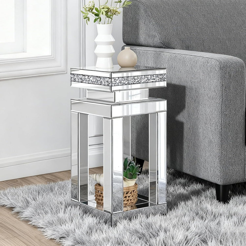Silver Mirrored End Table, Modern Crushed Diamond Accent Tables, Small Side C...
