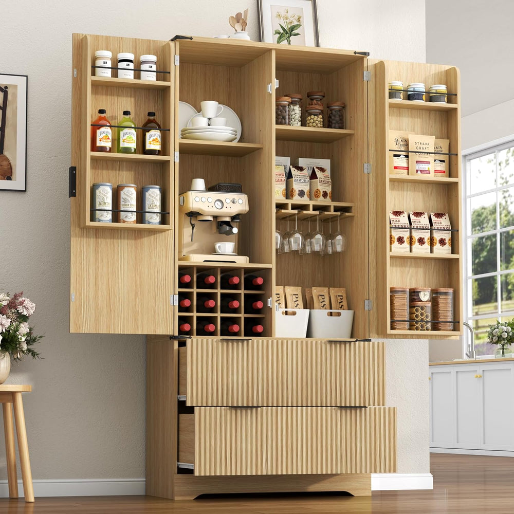 71" Tall Fluted Kitchen Pantry Storage Cabinet with 2 Drawers & 7 Do...