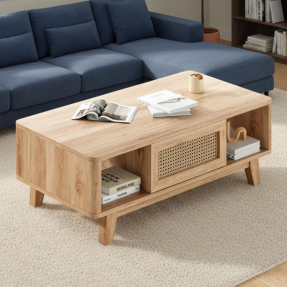 Farini Mid Century Modern Square Coffee Table with Rattan Drawer and Solid Wo...