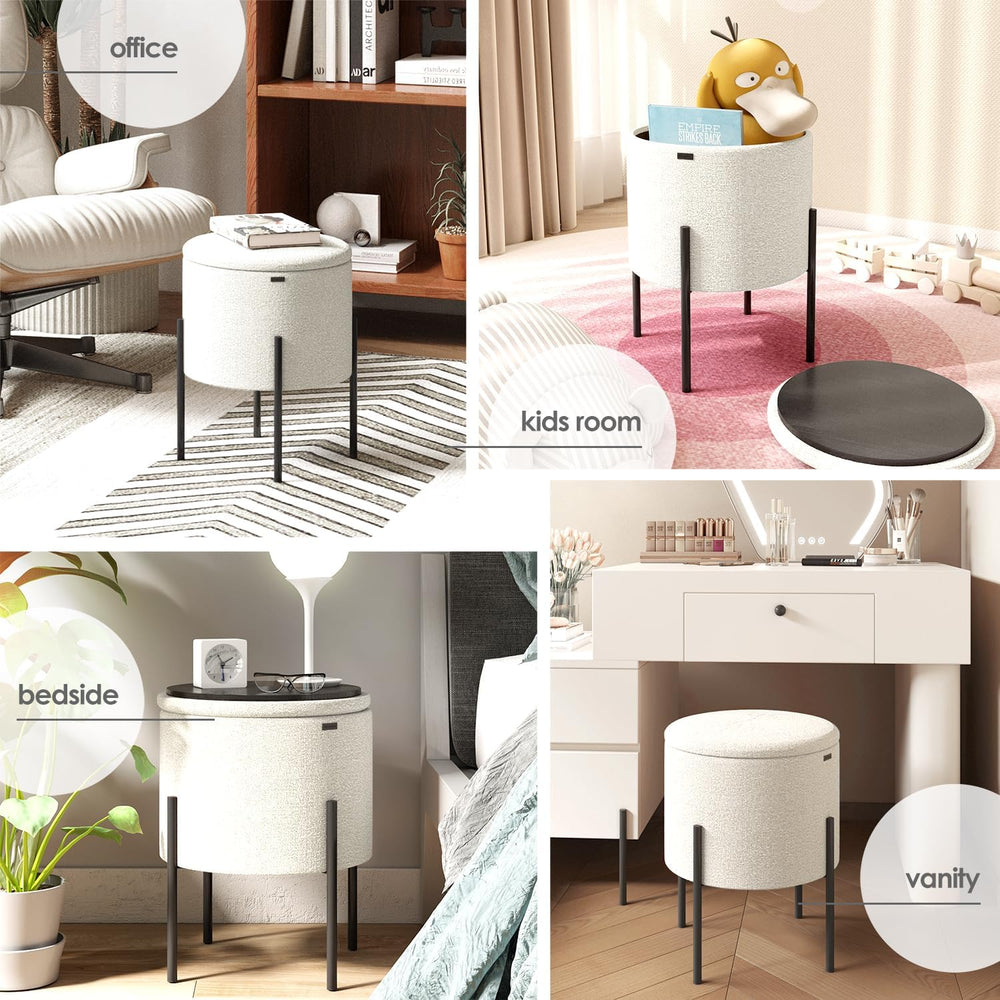 Round Ottoman with Storage, Boucle Storage Ottoman, Foot Stool Ottoman, Makeu...