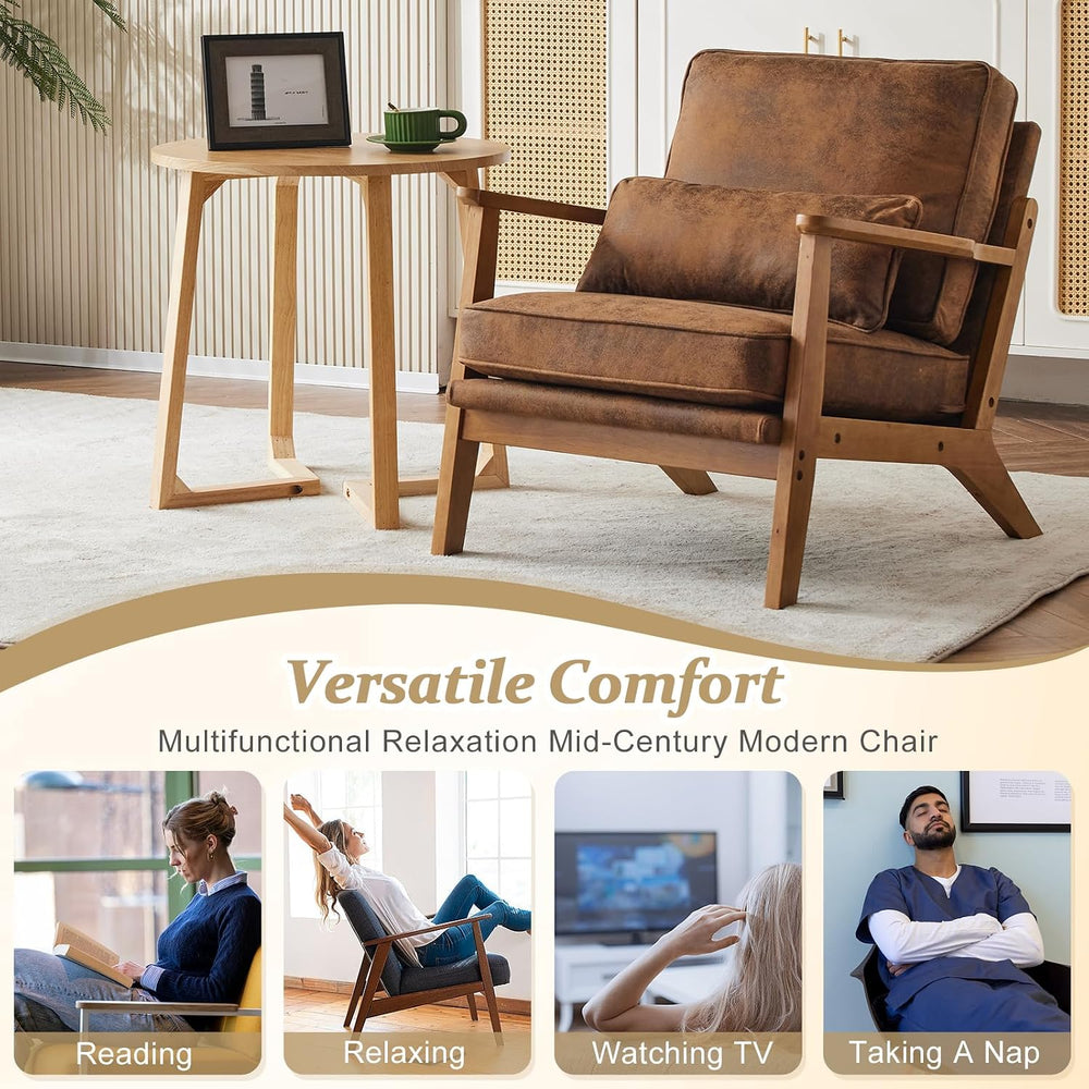 VINGLI Solid Wood Wide Armrests Accent Chair,Upholstered Mid Century Modern C...
