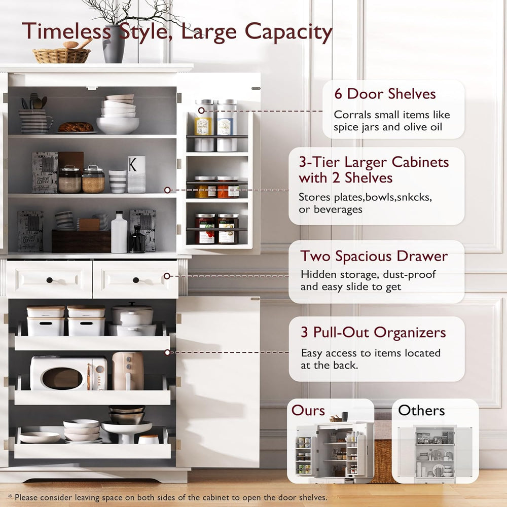 Kitchen Tall Pantry with 3 Pull Out Cabinet Organizers, Farmhouse Freestandin...
