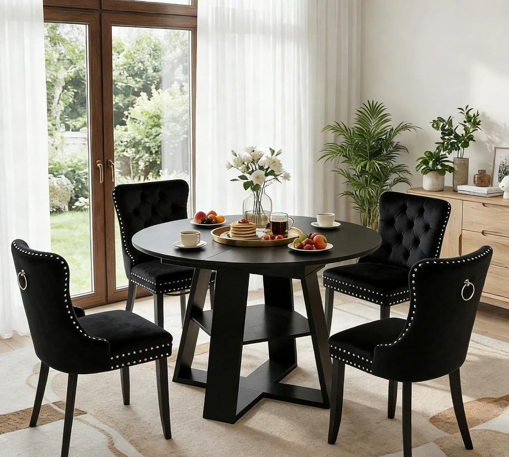5 Piece Round Extendable Dining Table Set for 4, 43"-59" Black Wood...