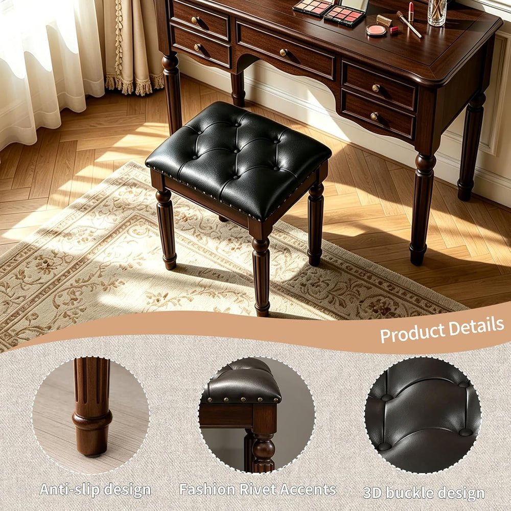 Black Faux Leather Vanity Stool, Backless, Victorian Style | Small Tufted Ben...