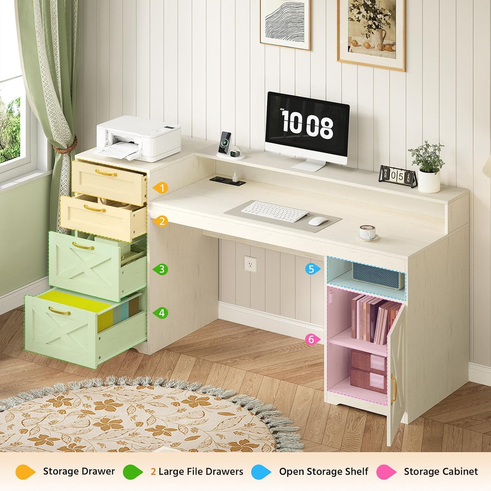 63" Farmhouse Computer Desk with 4 Drawers for Home Office, Bedroom