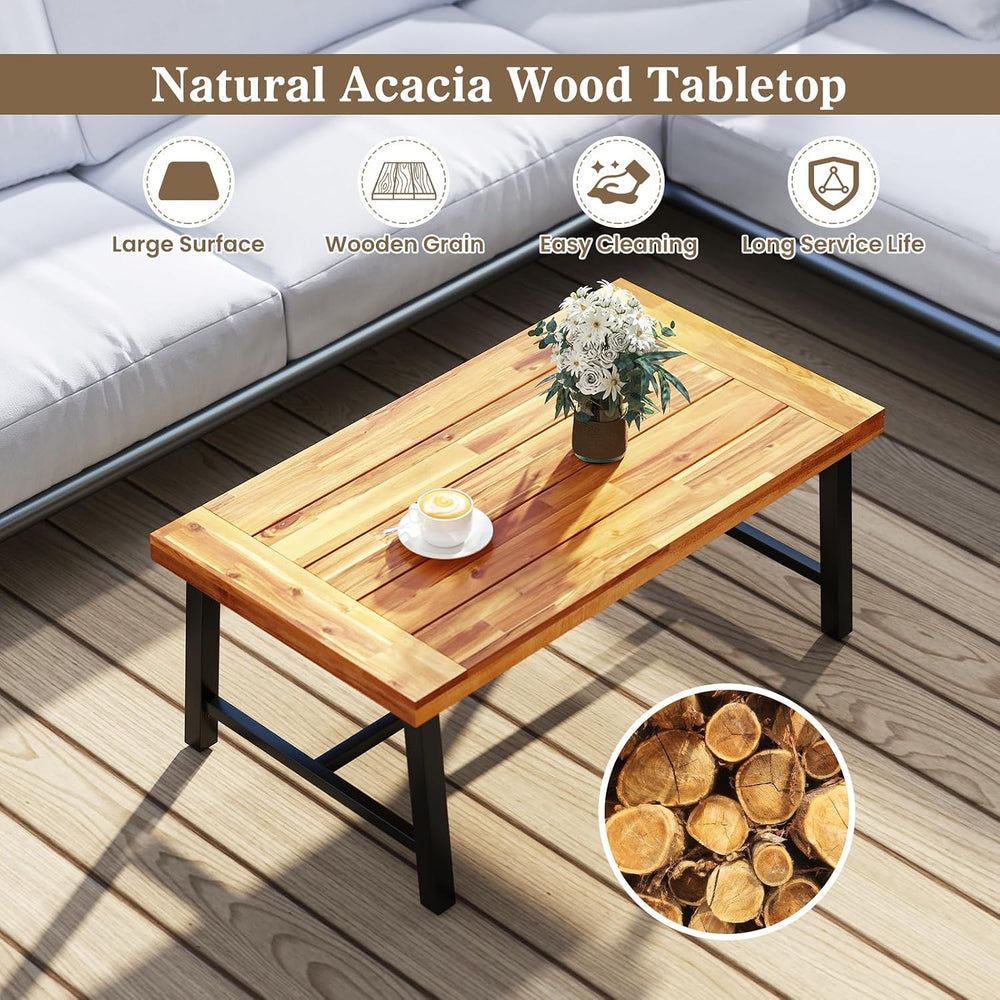 HAPPYGRILL Acacia Wood Patio Coffee Table, Outdoor Rectangular Center Table w...
