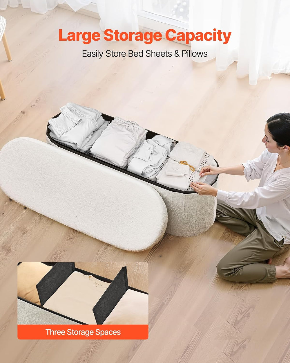 VEVOR Oval Storage Ottoman Bench, Foldable Teddy Fleece End of Bed Bench, Fol...