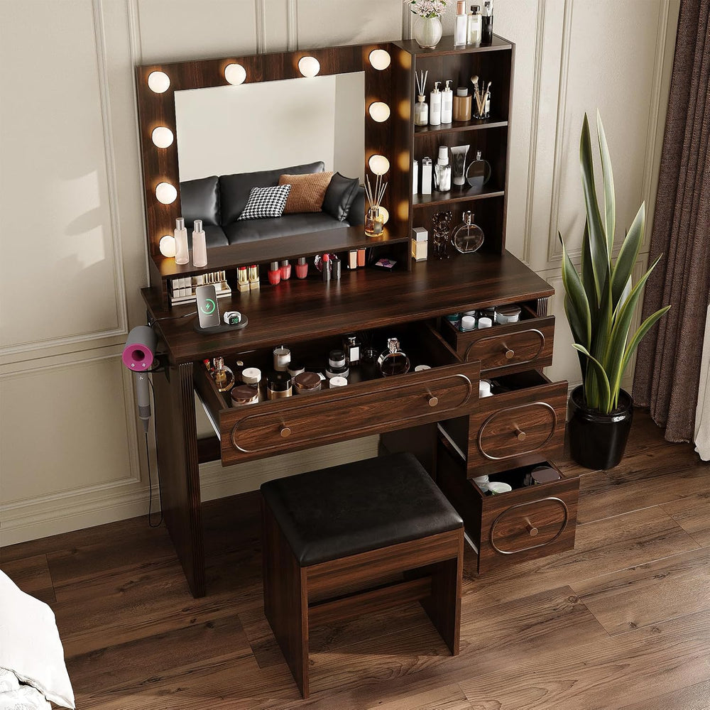 42" Walnut Brown Makeup Vanity Desk with Mirror & Lights & Charg...
