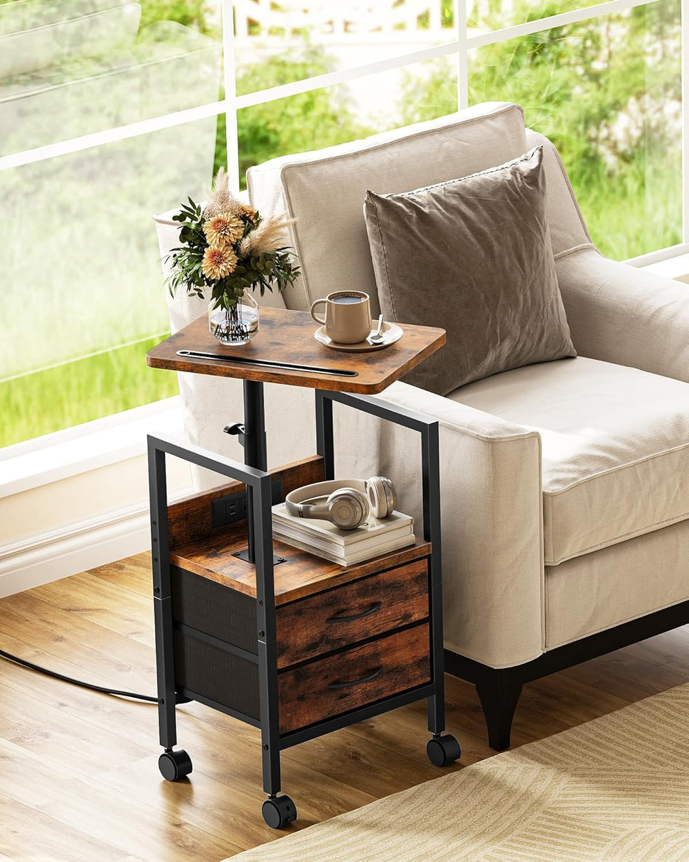 Height Adjustable Side Table with Swivel Tabletop, End Table with Charging St...