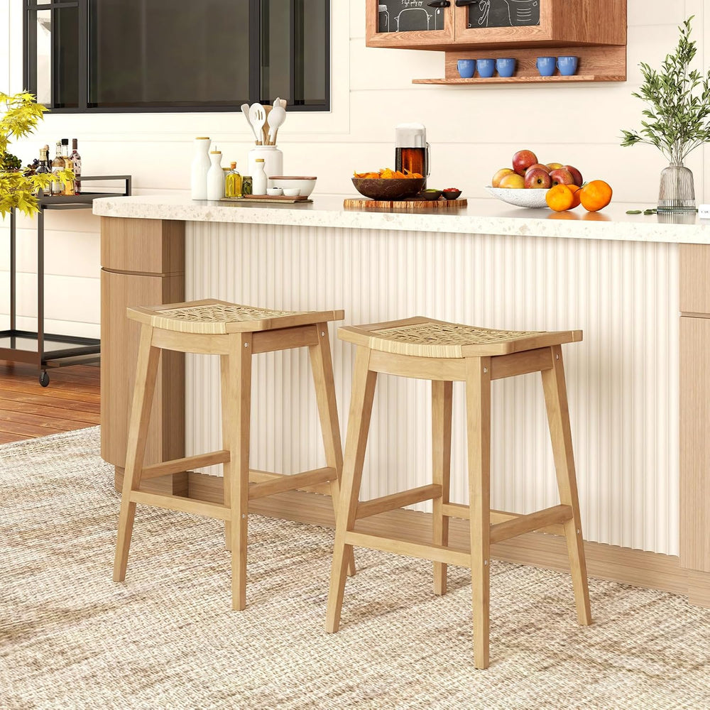 Tangkula Wood Bar Stool Set of 2, 29” Patio Rattan Acacia Barstool with Footr...