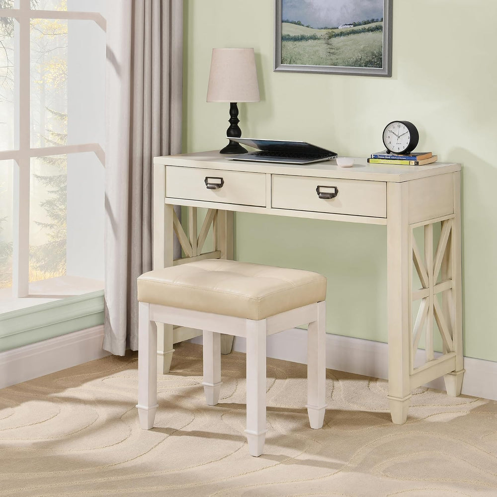 Solid Wood Vanity Bench Stool, Small Vintage Ottoman Foot Stool with Off-Whit...