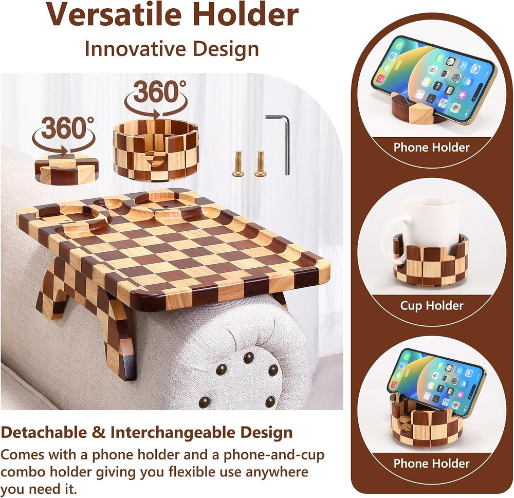 Checkered Rubber Wood Couch Arm Tray, Sofa Armrest Tray with Rotating Cup Hol...