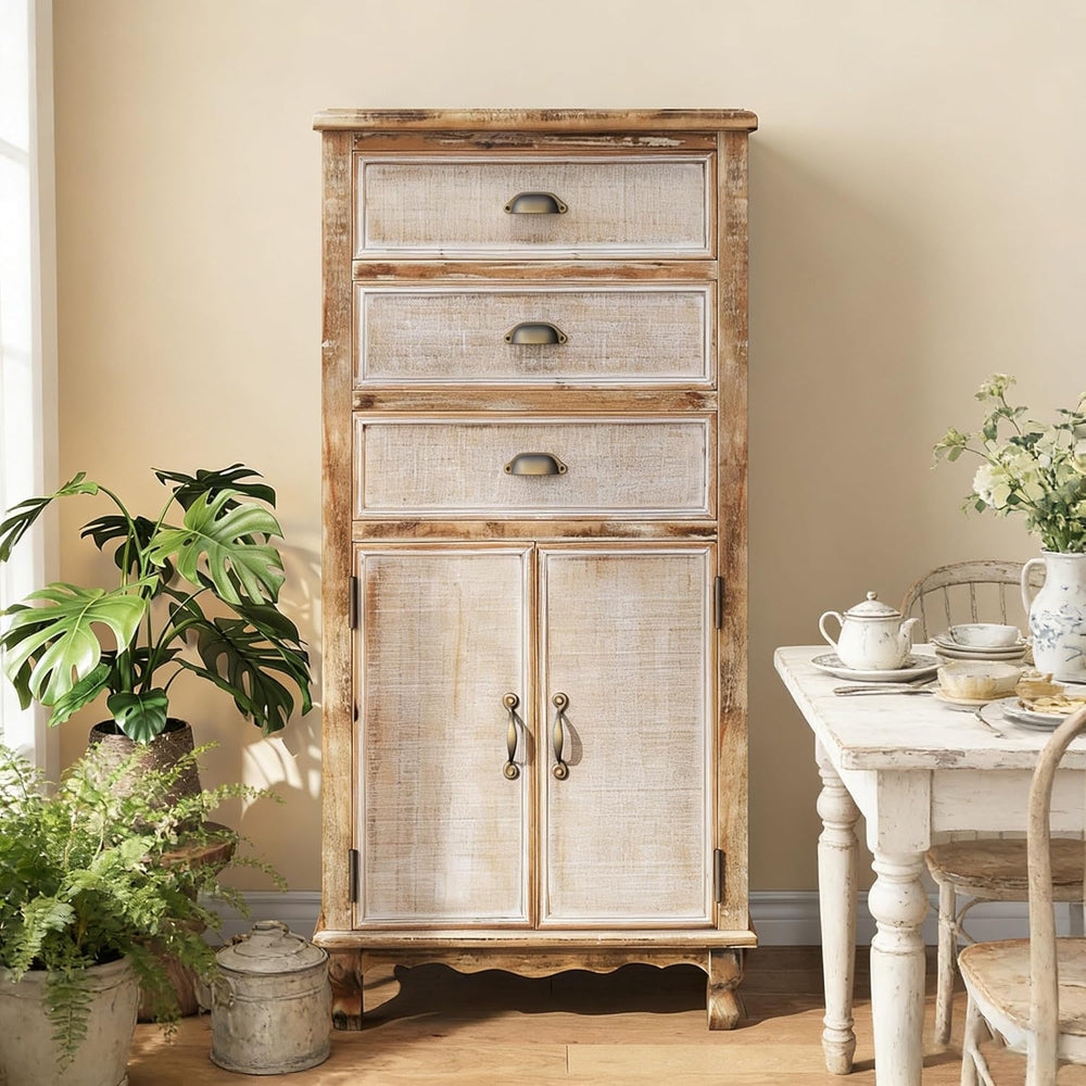 Rustic Tall Storage Cabinet - Distressed Solid Wood Frame Accent Cabinet with...