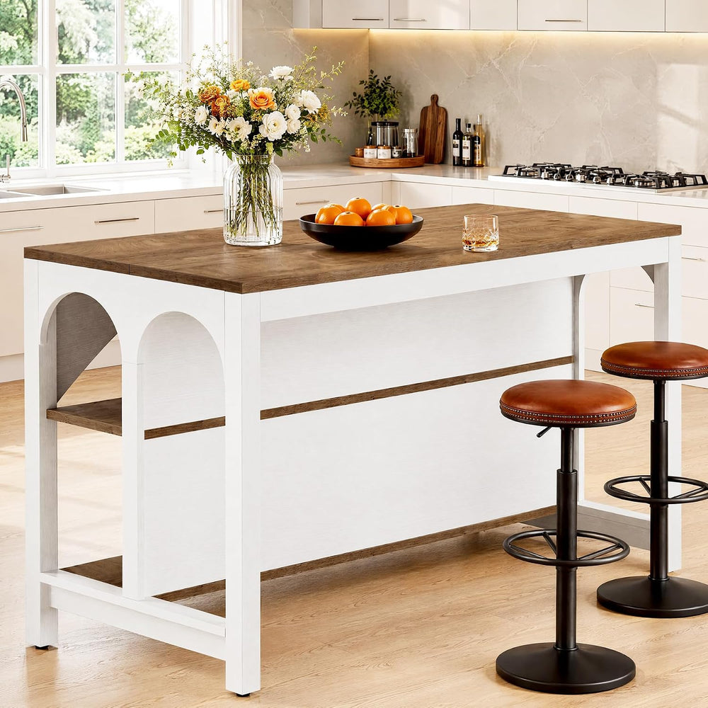 Tribesigns 55" Kitchen Island with 2-Tier Shelves and Seating | Wood Sta...