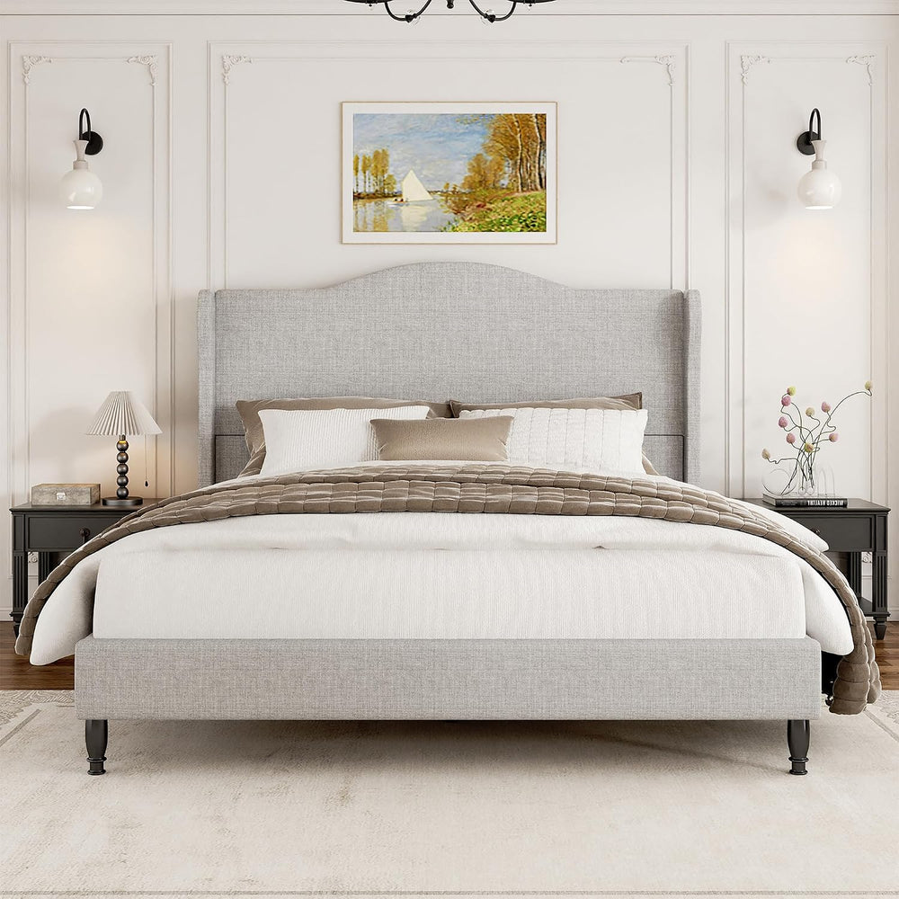 Tall Headboard Queen Bed Frame, Beige