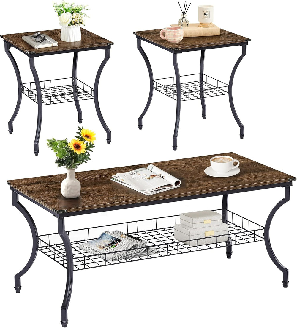 VECELO 3 Pieces Living Room Table Sets, Coffee and End Tables with Open Stora...