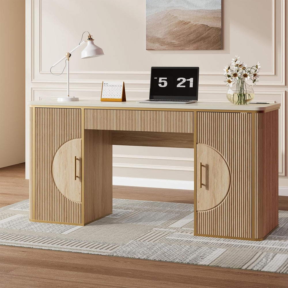 60" Fluted Computer Desk, Wooden Long Home Office Writing Desk with Draw...