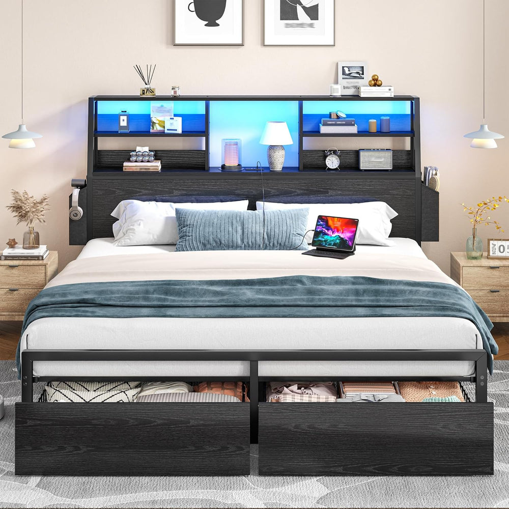 Homkdom Queen Bed Frame with 3-Tier Storage Headboard and 2 Drawers