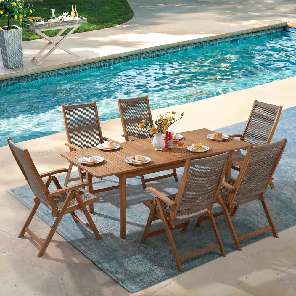 Folding Patio Chair Set of 6, Wooden Rope Recliner, Beige