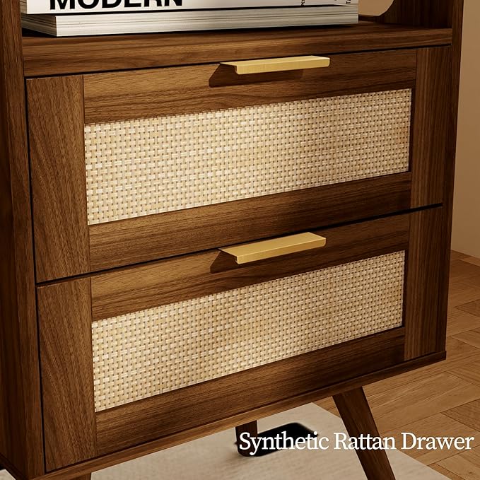 Rattan Nightstand with Charging Station,Farmhouse Bedside Table with 2 Storag...