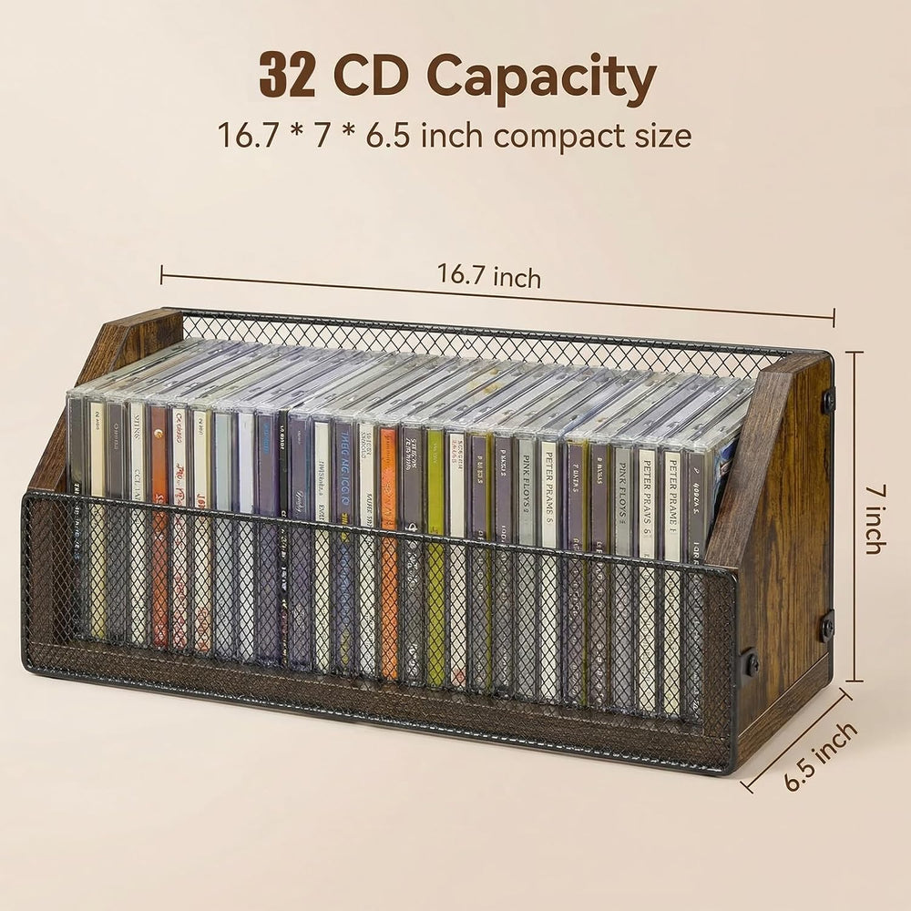 CD Storage Rack, Wooden CD Organizer Holds 32 CDs, Retro CD Shelf for Desktop...