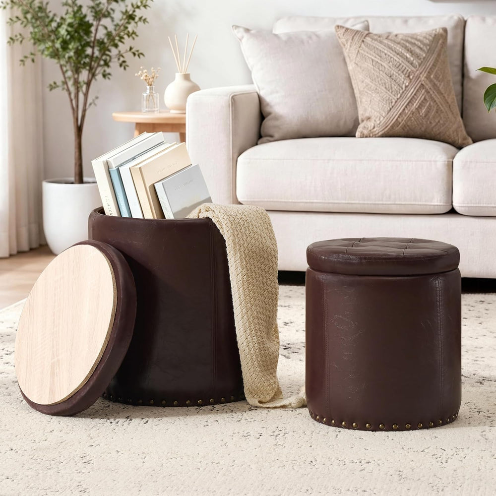 Royal Windsor Round Ottoman with Storage Set of 2, Faux Leather Button Tufted...