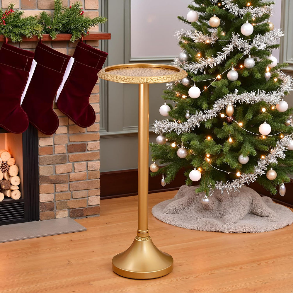 Antique Gold Drink Table – Hammered Metal Side Table for Small Spaces | Round...