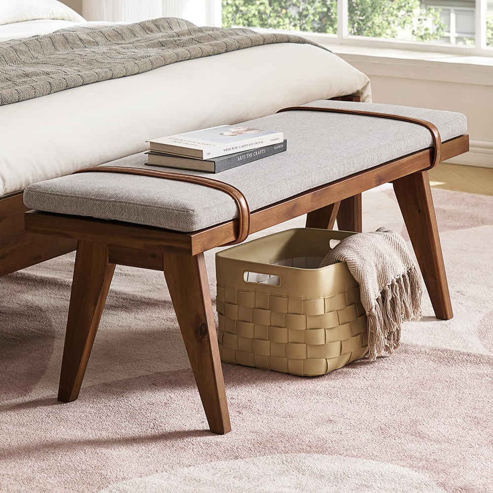 mopio Ted Mid-Century Modern End of Bed Wood Bench, Entryway Shoe Bench with ...