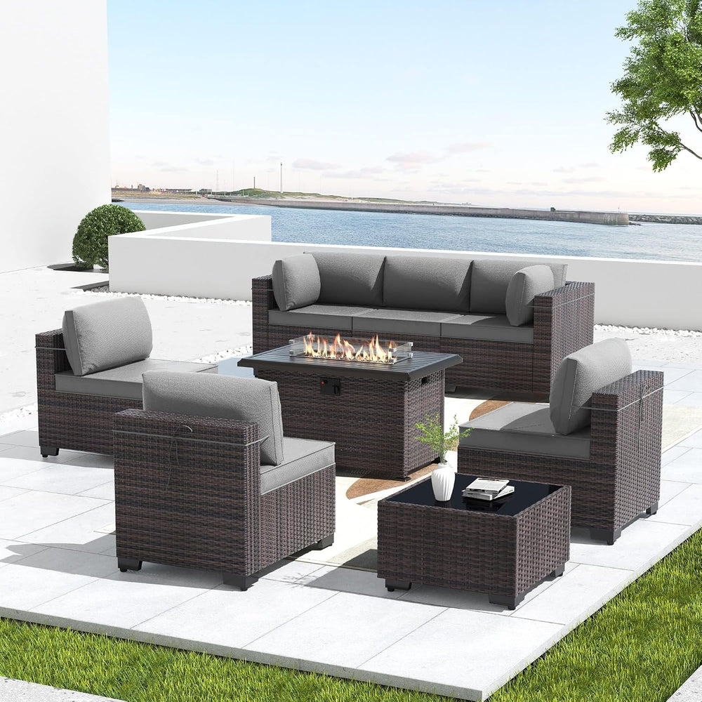Kullavik 8 Piece Outdoor Wicker Patio Furniture Set with Fire Pit Table