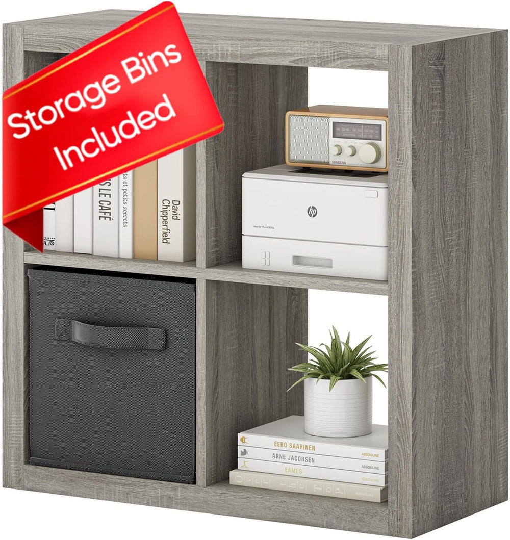 furtble Bookshelf with Storage Bin, 4-Cube Storage Organizer, Modern Wood Ope...