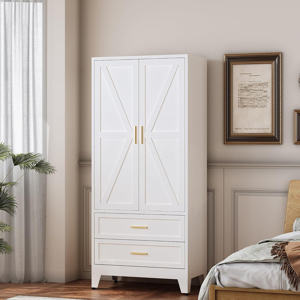 QINPTWUT 71" Tall Metal Wardrobe with Doors, Hanging Rod & Adjustabl...