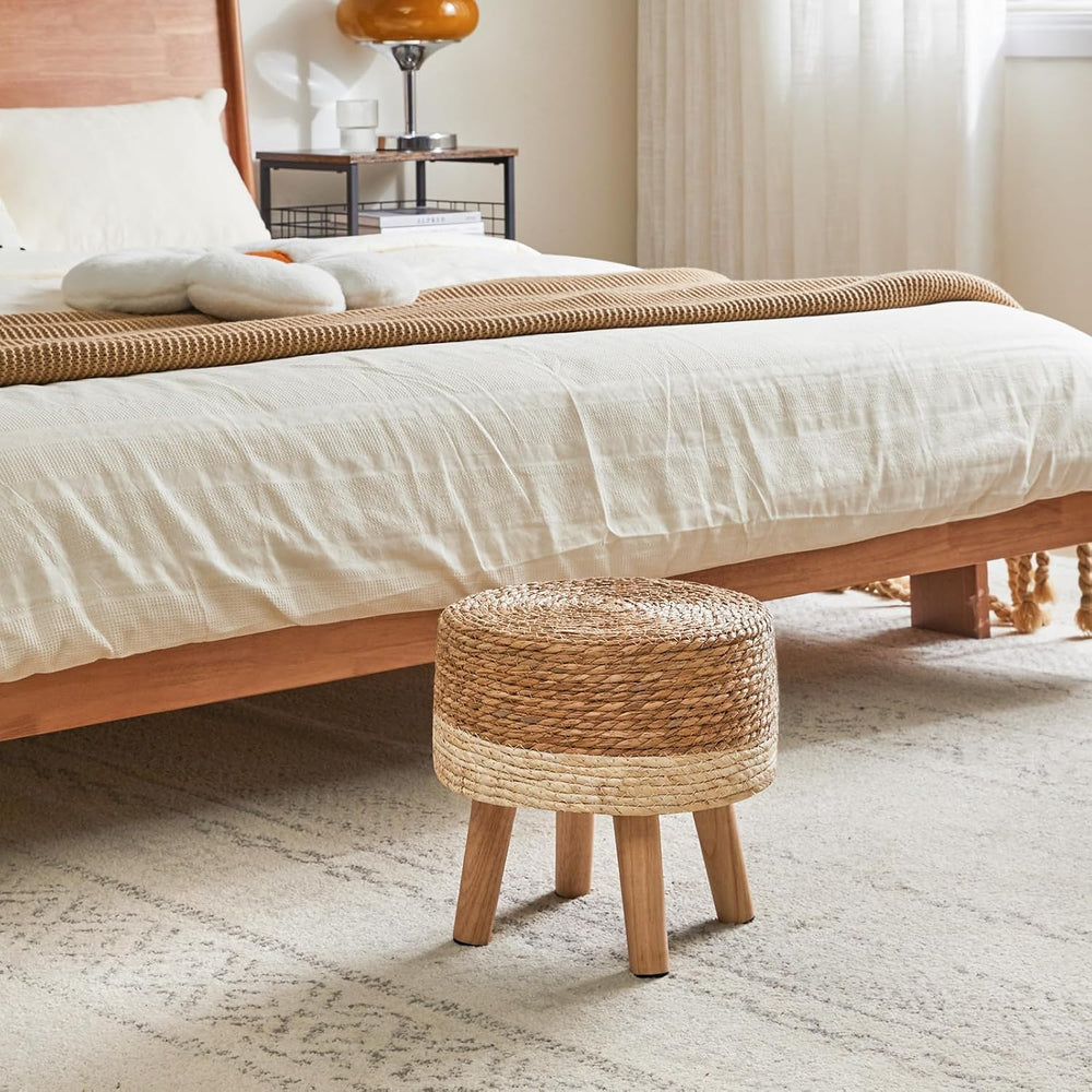 YMYNY Foot Stool,12.6"Round Small Ottoman, Natural Seagrass Hand Weave
