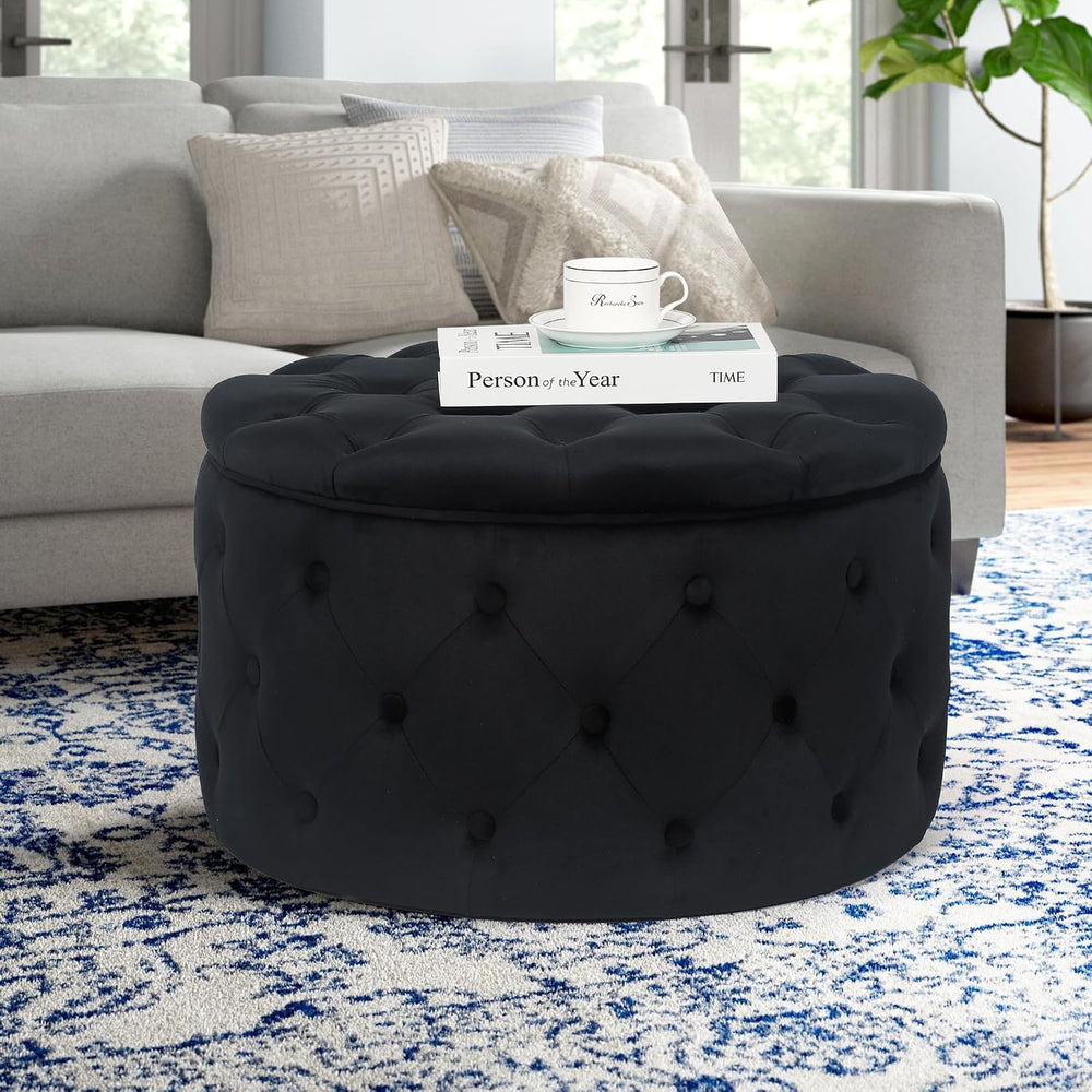 Joveco Round Storage Ottoman, Button Tufted Upholstered Ottoman with Removabl...