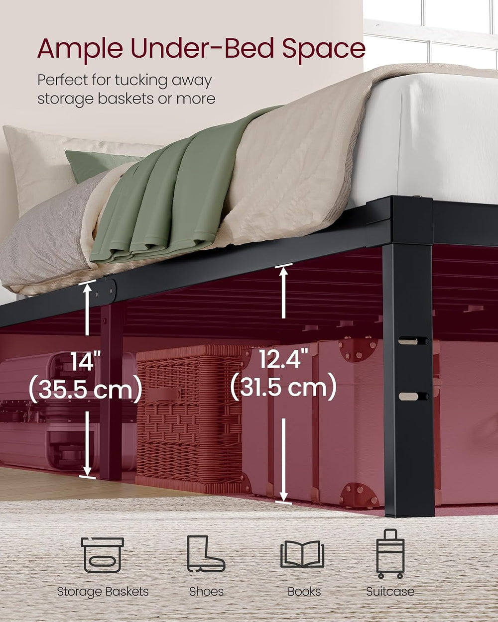 VASAGLE Queen Metal Bed Frame 14 Inches Tall, 1100 lb Weight Capacity