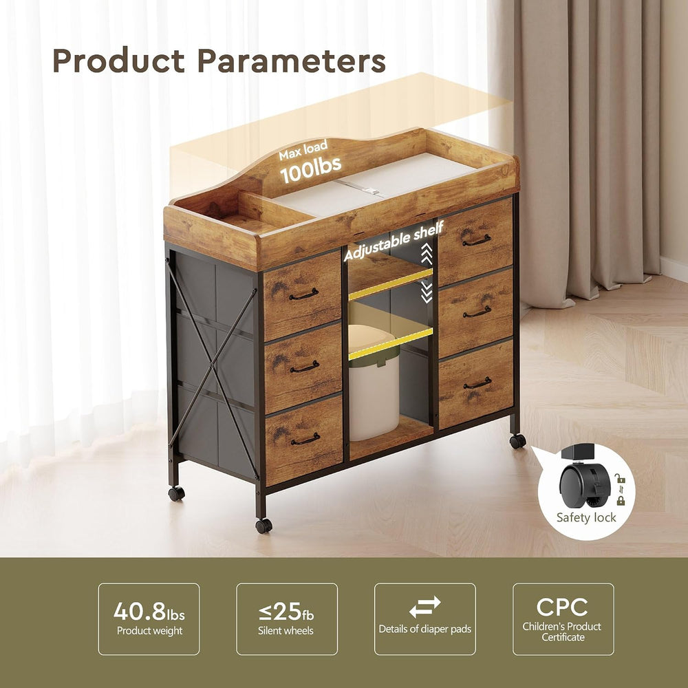 YeTom Changing Table, 6-Drawer Dresser, Adjustable Shelves, Rustic Brown