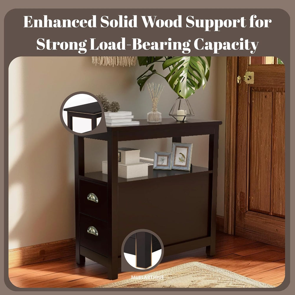 Narrow End Table with Two Drawers & Open Shelf - Brown Nightstand/Side Ta...