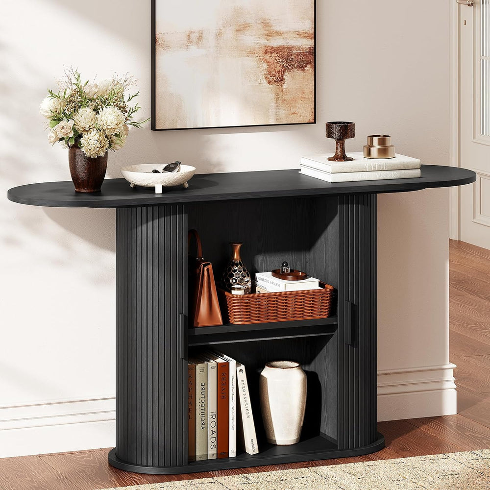 55 Inch Console Table with Storage, Fluted Entryway Tables with Sliding Doors...