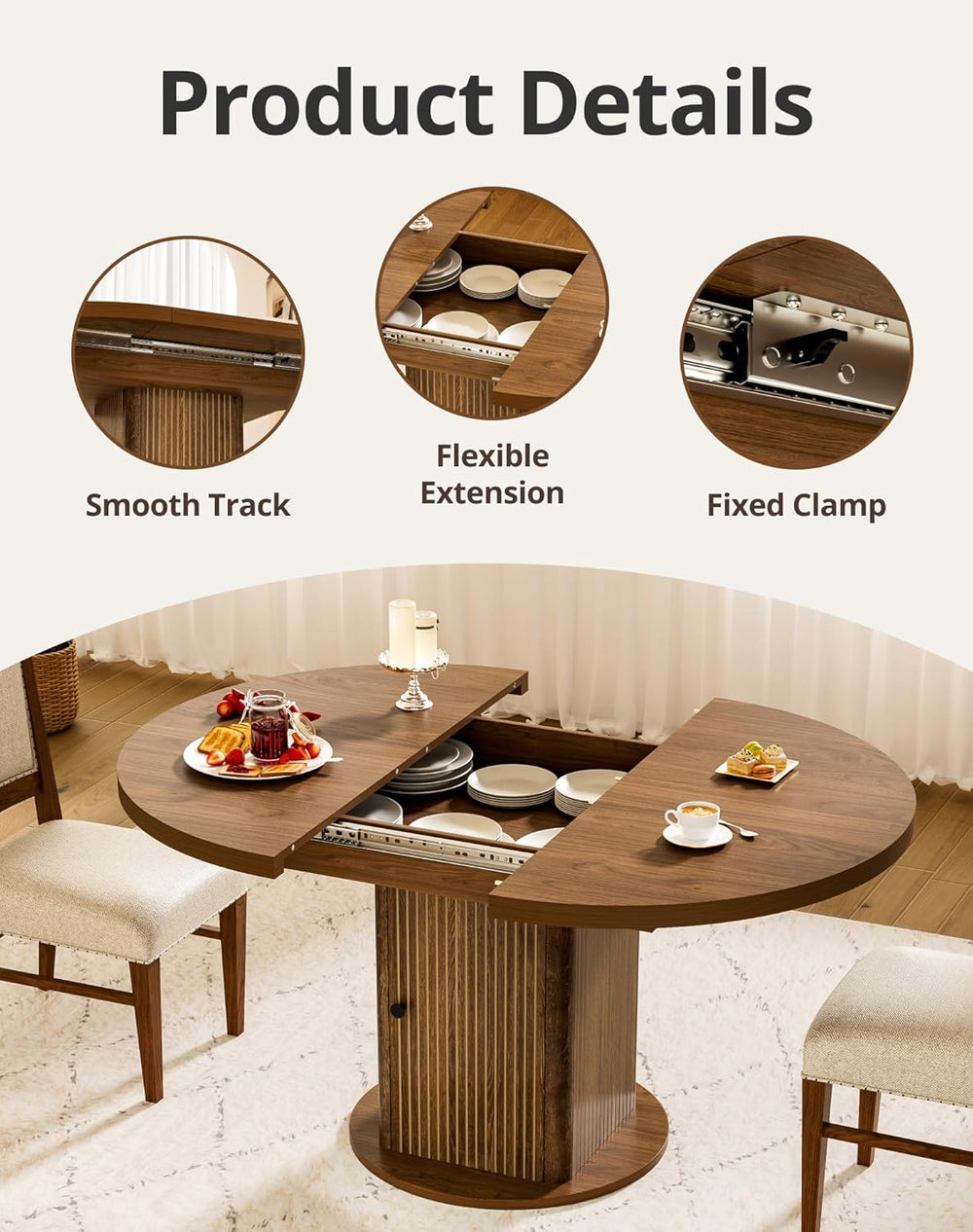 43"-59" Extendable Round Dining Table for 4-8 with Hidden Storage, ...