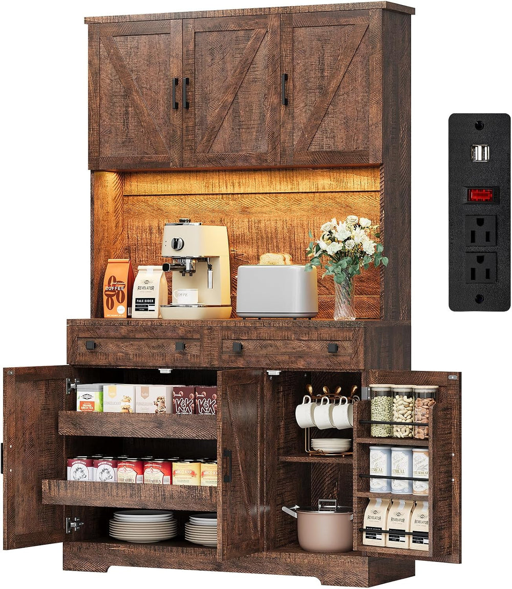 ELYKEN 71" Kitchen Pantry Storage Cabinet with Outlet & LED Lights, ...