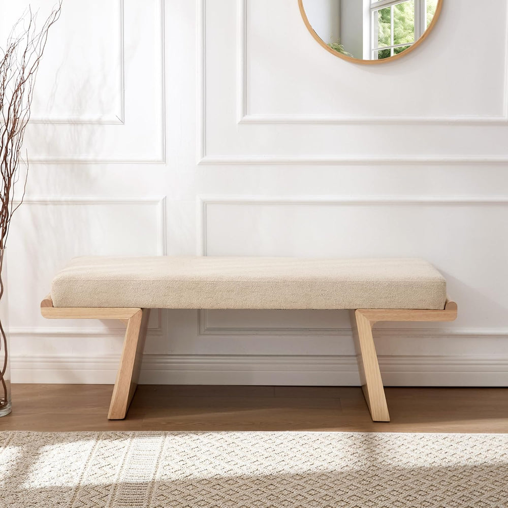 47.2" Natural Wood Bedroom Bench, Upholstered Entryway Bench, Modern End...