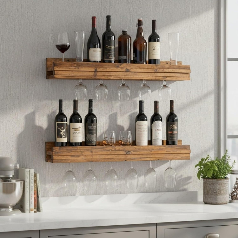Wall Mounted Wine Rack 36" Set of 2, Solid Wood Stemware Shelves, Golden...