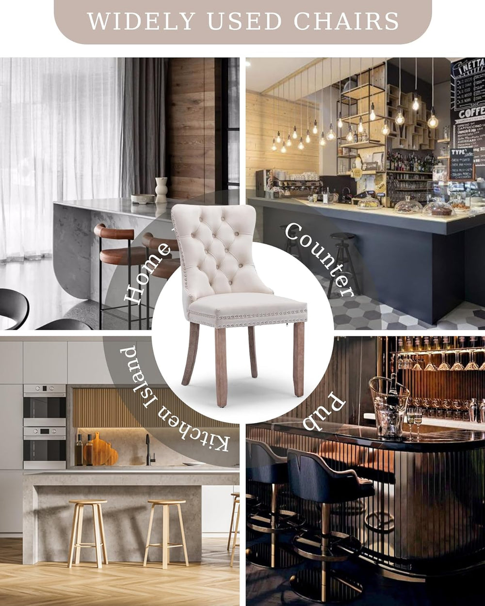 Velvet Dining Chairs Set of 2 Tufted Kitchen Chair Wood Legs,Beige | Mid Cent...