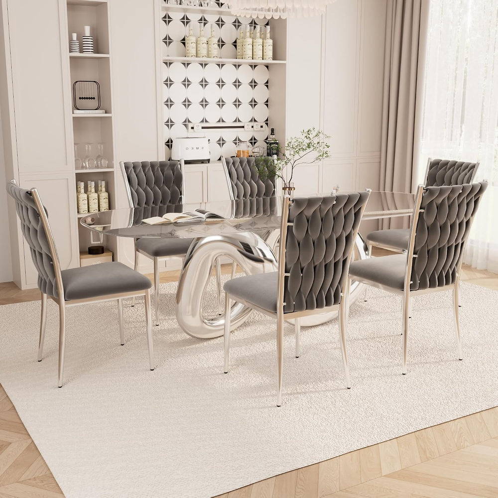 Velvet Dining Chairs Set of 6, Modern Upholstered Kitchen Chairs with Silver ...
