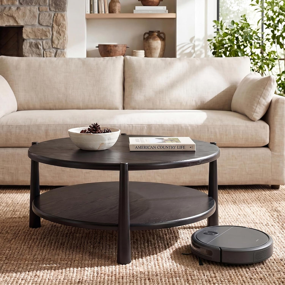 Black Round Coffee Table with Open Storage Shelf